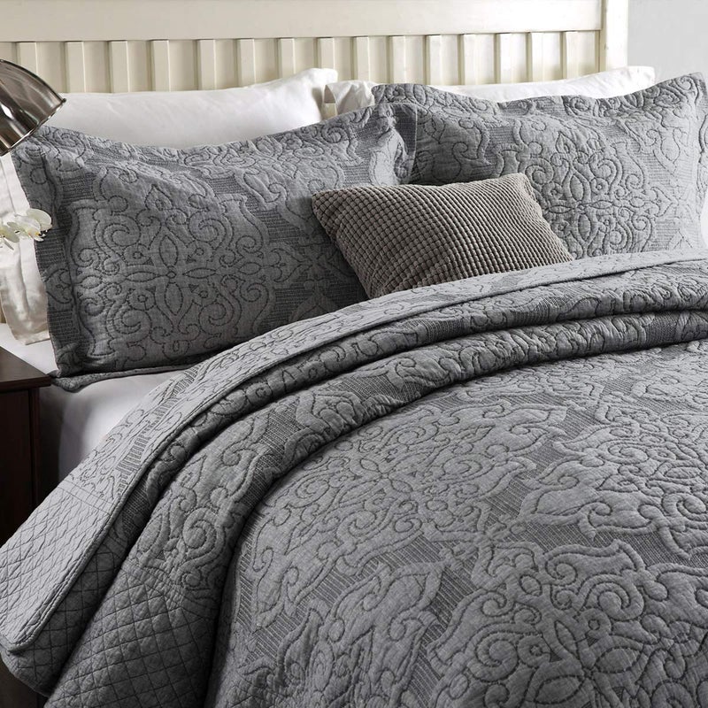 Travan 3-Piece King Quilt Set Quilted Bedspread Oversized Microfiber Lightweight Bedspread Coverlet Set with Shams Bedding Set for All Season, Grey, King - Image 3